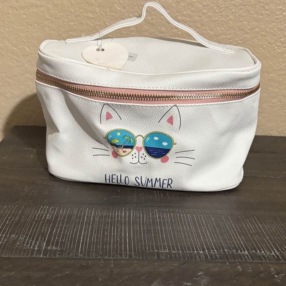 White Cat Cosmetic Bag with Sunglasses Design